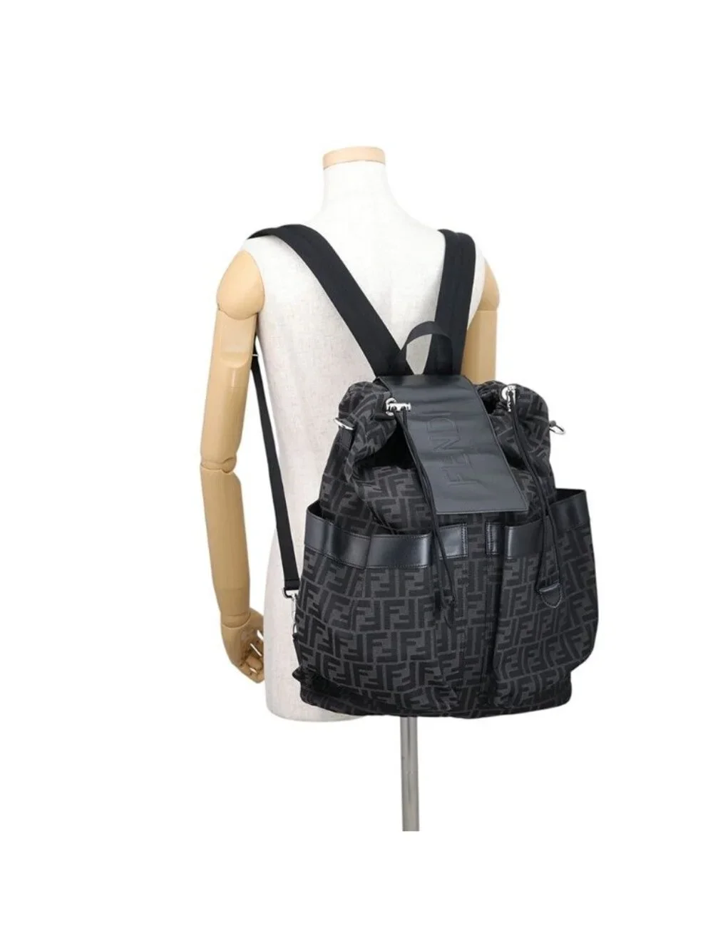 Fendi Backpack Drawstring FF Jacquard Leather Black